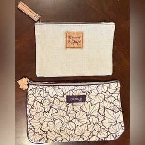 New Caudalie Makeup Bag Set of 2, Tan and Burgundy Cotton Jute Fabric